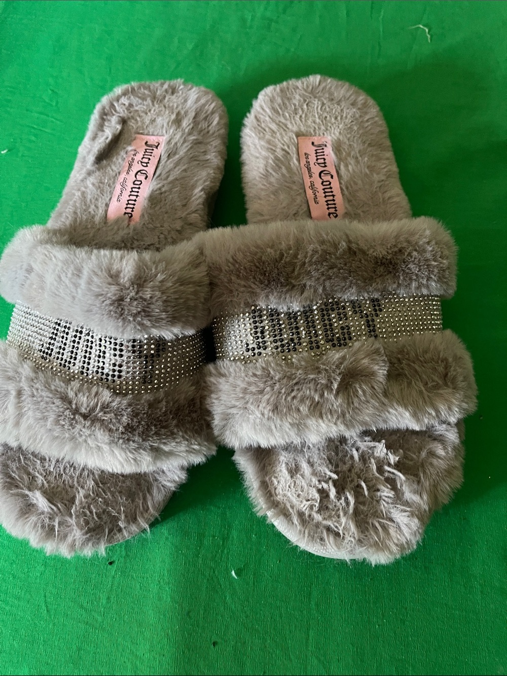 Juicy Couture Taupe Faux Fur Slide Sandals with Rhinestone Band